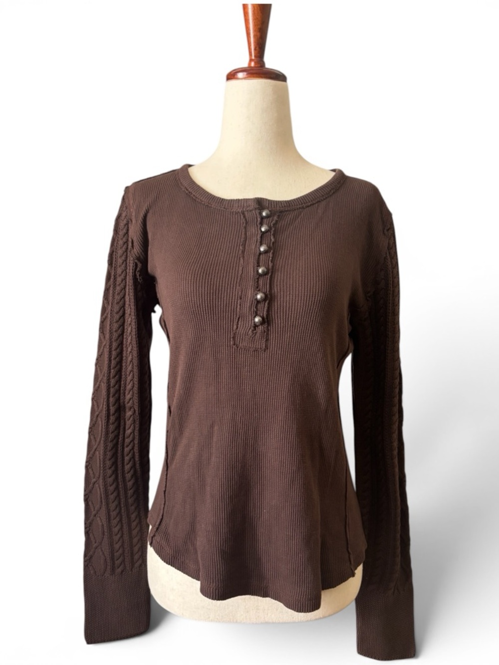 🍀 Lucky Brand Brown Thermal Henley Top Cable Knit Sleeves Size Small